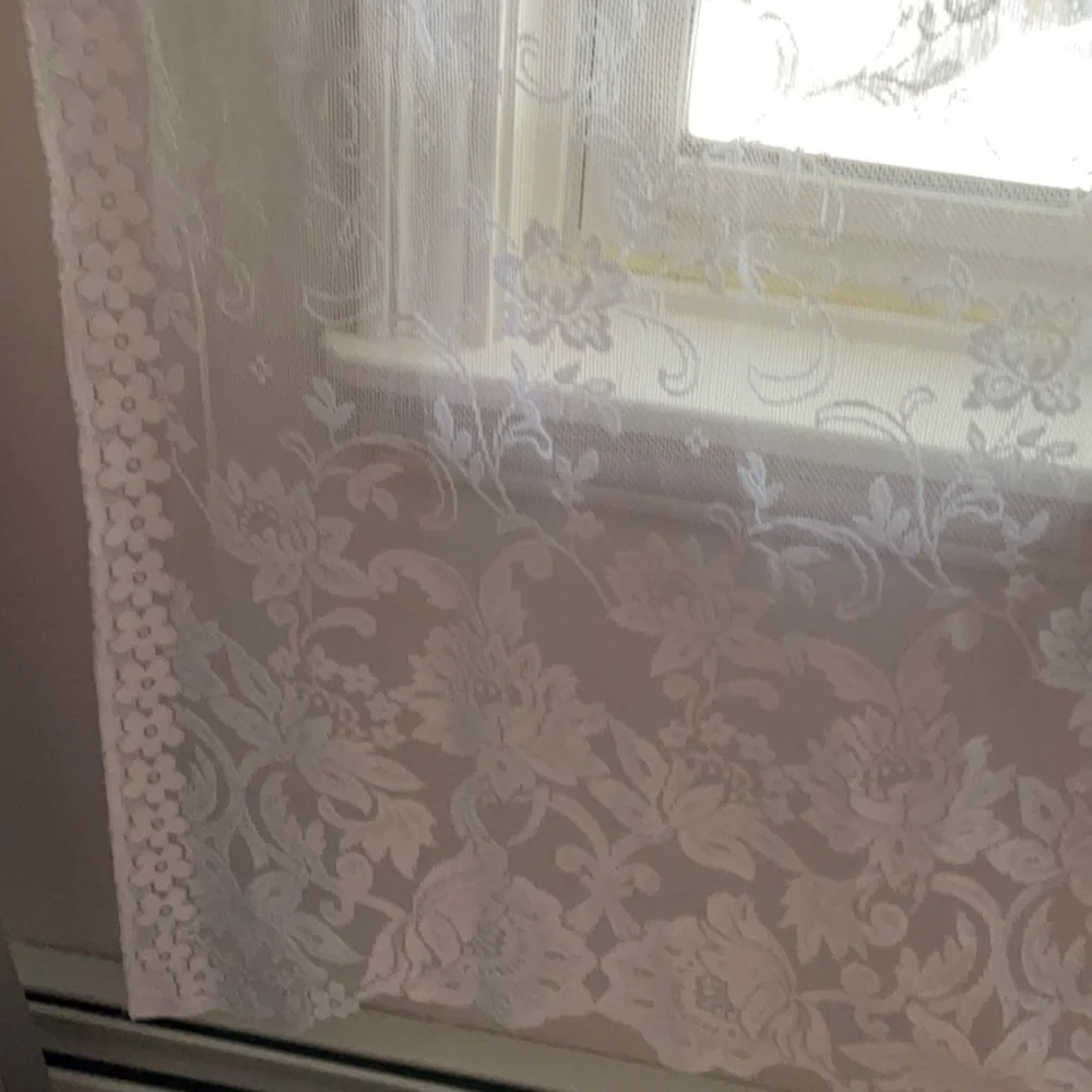 Elegant White Lace Curtain Panels Floral, Scalloped Bottom - 74” x 56” -Set of 3